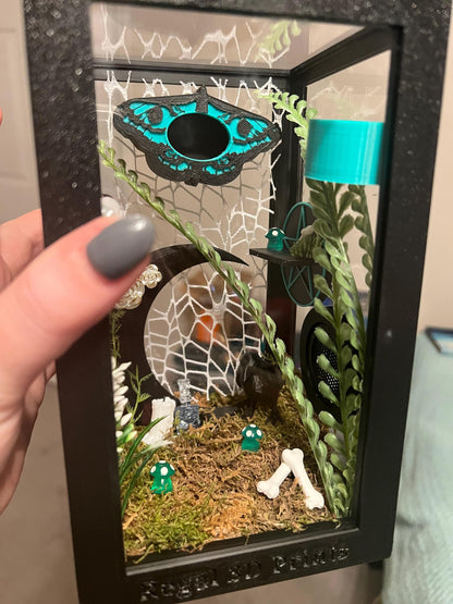 Teal Death Moth Jumping Spider Enclosure – Fully Decorated Gothic Habitat
